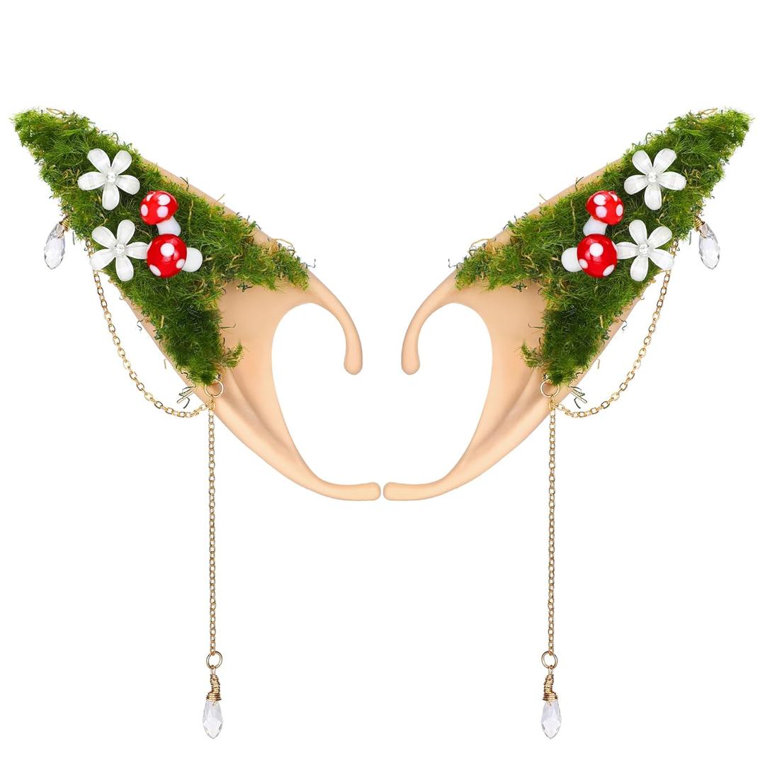 Renaissance Fairy Mushroom Elf Ears - Forest Ear Cuffs with White Mushroom Moss and Flower Non Piercing Earrings Ear Clips Wraps for Women Cosplay Christmas Halloween Renaissance Costume Accessories