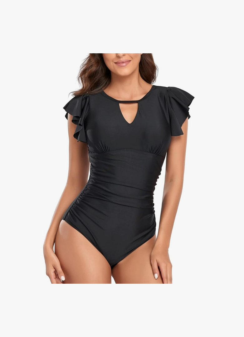 Smismivo Women's Ruffle Sleeve One Piece Swimsuit Modest Bathing Suit Full Coverage Swimwear, Size:M