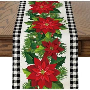 OTOSTAR Black and White Buffalo Check Plaid Holly Christmas Flowers Table Runner, Xmas Seasonal Winter Holiday Kitchen Dining Table Decoration for Home Party Decor 13x108 Inch
