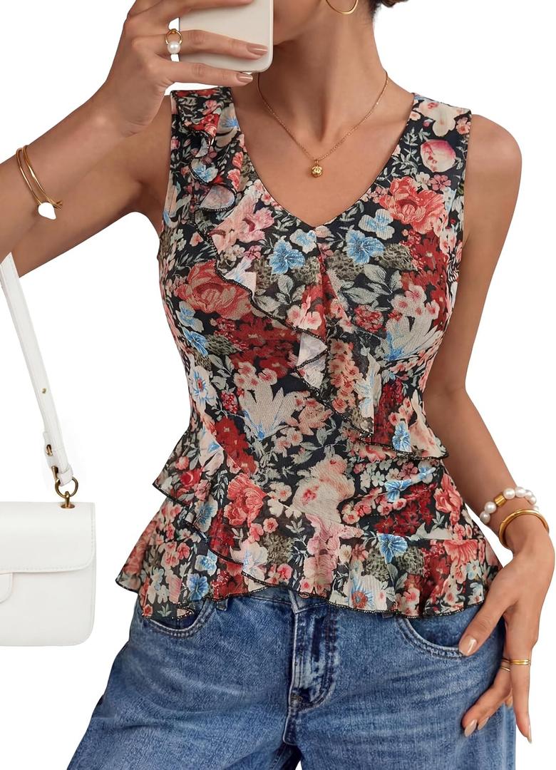 ZESICA Women's Summer Going Out Tops Sleeveless V Neck Floral Y2K Shirts (Black, M)