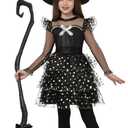 Spooktacular Creations Kids Witch Costume, Halloween Costume Witch Dress with Broom Hat Tights for Girls Glittery for Halloween Role Play Parties, Black (Medium(8-10 yrs)) (M)