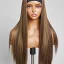 GORGIUS Glueless Straight Headband Wig Brown Highlight Wig with Head Band Put On and Go Synthetic Headband Wig Mix Colored 20 Inch Long Straight Wig (Color 4/27)