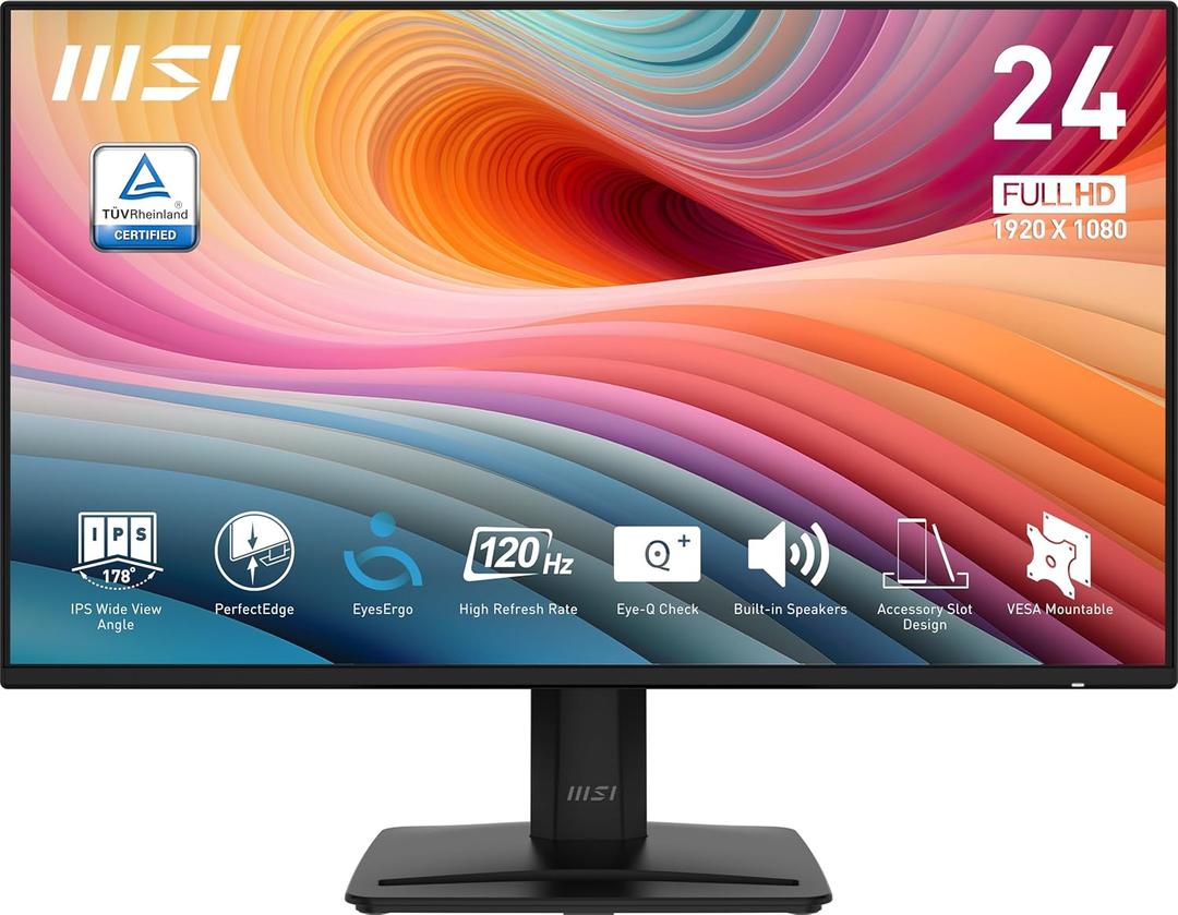 MSI PRO MP242A E2 24-inch IPS 1920 x 1080 (FHD) Gaming Office Monitor, 120Hz, Adaptive-Synch, HDR Ready, HDMI, VGA Port, Display Port,VESA Mountable, Tilt, Speaker, 4-Side Slim Bezel,1ms, Black