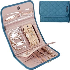 BELALIFE Travel Jewelry Case Organizer, Foldable Jewelry Storage Roll for Earrings, Necklaces, Rings, Bracelets, Brooches, Lake-Blue (Medium)