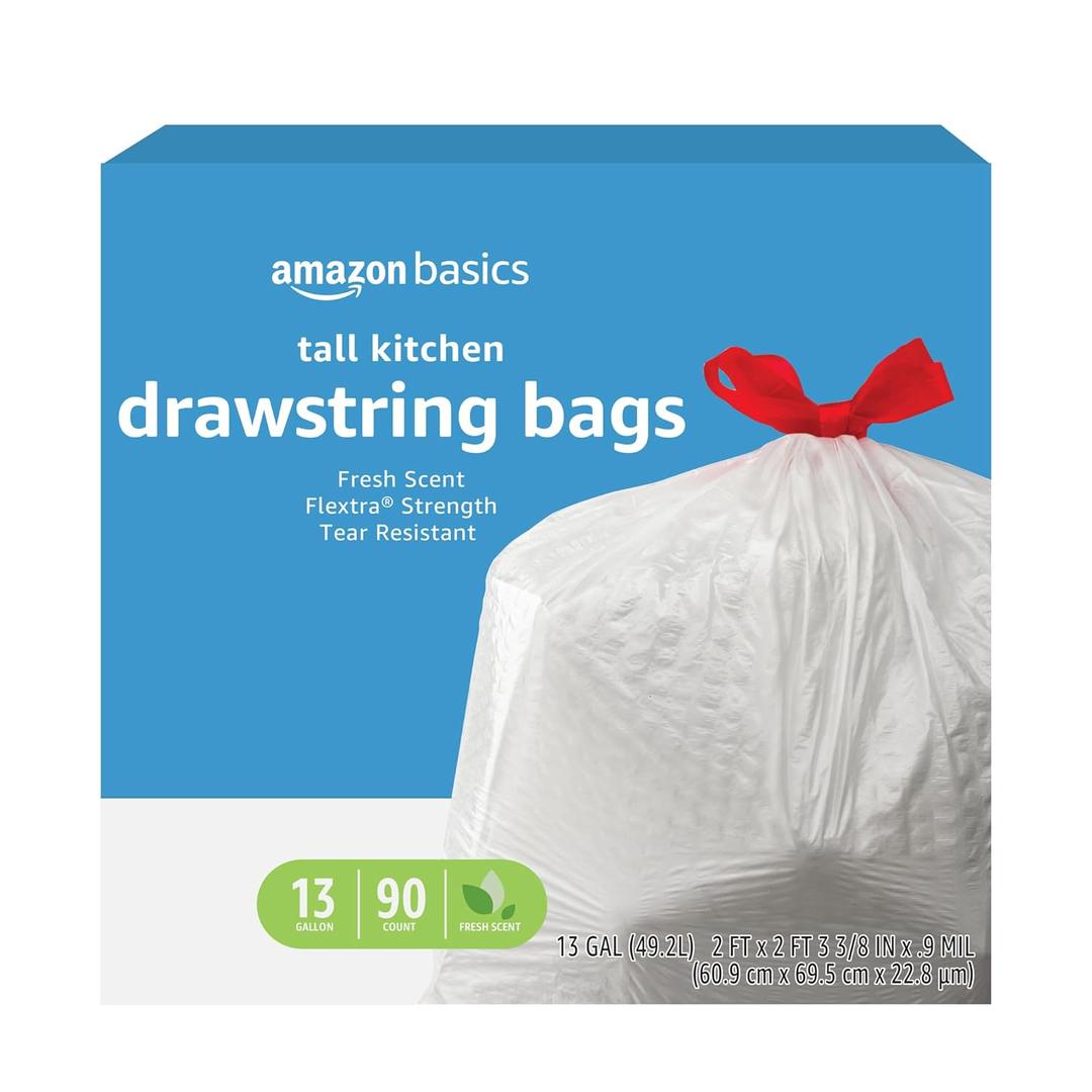 Amazon Basics Flextra Strength Tall Kitchen Drawstring Bags, Fresh Scent, Tear Resistant, 13 Gallon, 90 Count