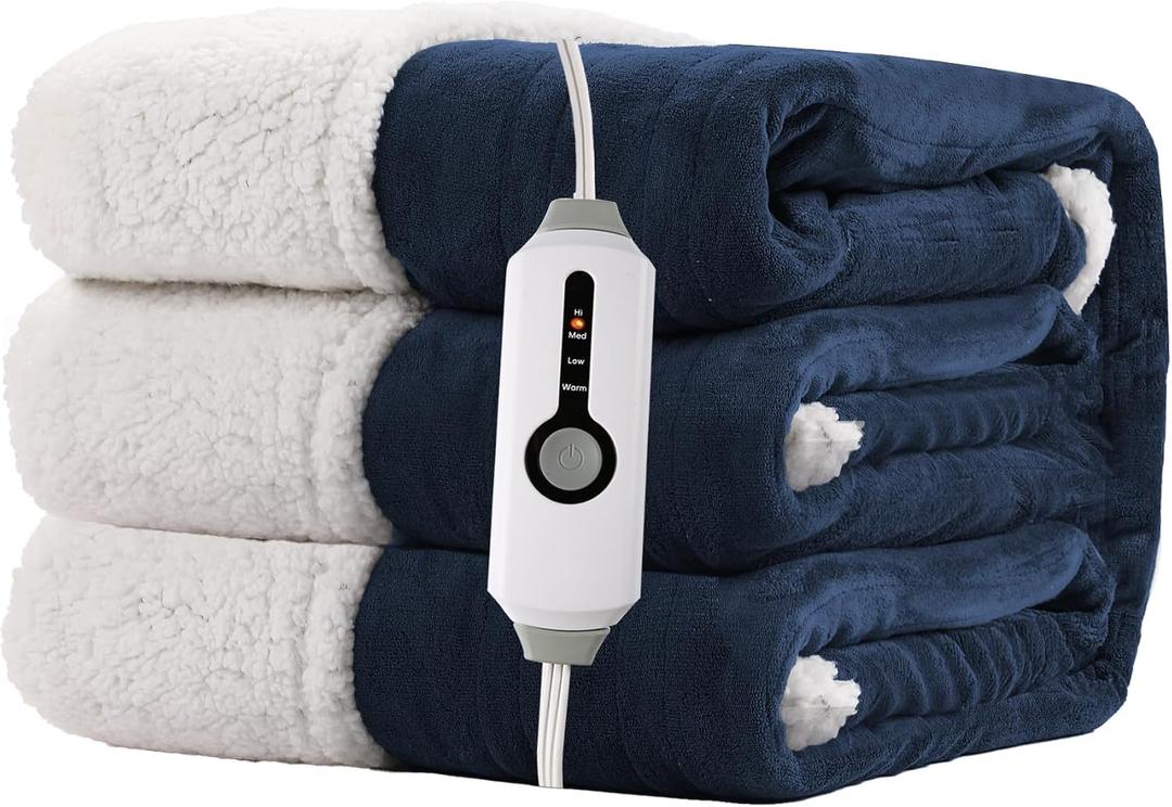 Electric Heated Blanket 72"x84" Full Size for Safe All Night Rest, Dual-Sided Microplush Sherpa for Bedroom Couch Use, 4 Heat Settings & 10 Hours Auto Off Energy Saving, Machine Washable-Dark Blue