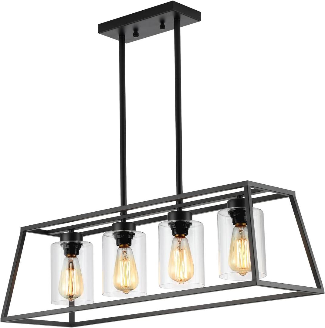 Black Farmhouse Chandeliers for Dining Room, Rustic Kitchen Island Light Fixture, 4-Lighting Linear Pendant Lamp Kitchen Island with Glass Shade Apply to Dining Room Light fixtures Over Table