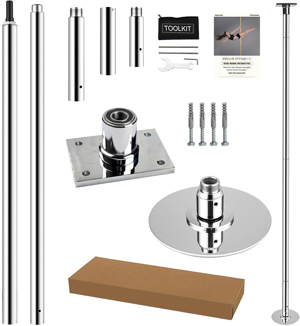 PRIOR FITNESS Permanent Fixed Dance Pole Kit, Professional 45mm Spinning & Static Dancing Pole Heavy-Duty Steel Pole Dance for Home, Adjustable Height Excellent for Home Exercise Studio Club Gym (Silver)