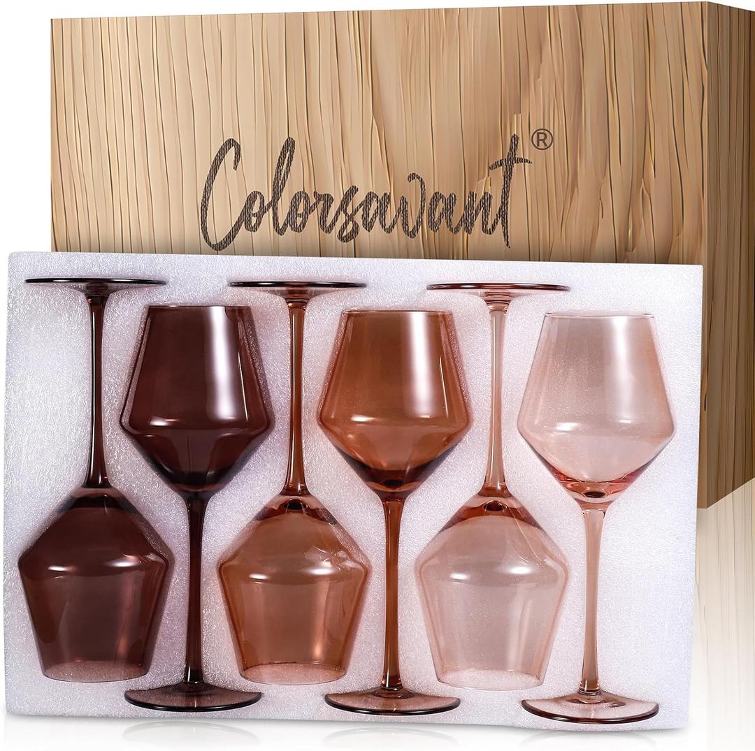 Brown Wine Glasses Set of 6  16oz Handblown Amber Stemmed VENUS Wine Glass, Millard Style Wine Glasses for Home Dinner Party for Kwanzaa