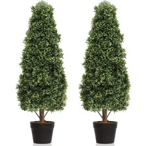 Damomo 3ft Topiary Trees Artificial Topiaries Boxwood Trees Outdoor Faux Shrub 2 Packs with Black Pot, Fake Bushes Potted Green Plants Decorative Indoor Porch or Garden（35inch）