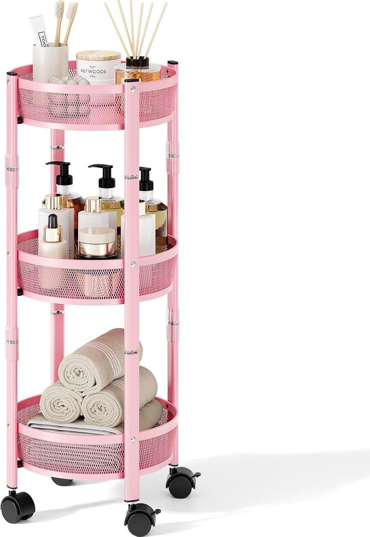 TOOLF 3-Tier Foldable Metal Storage Rolling Cart, Collapsible Utility Cart, No Assemble, Multifunction Organizer Trolley with Lockable Wheels for Kitchen, Living Room, Bathroom, Pink
