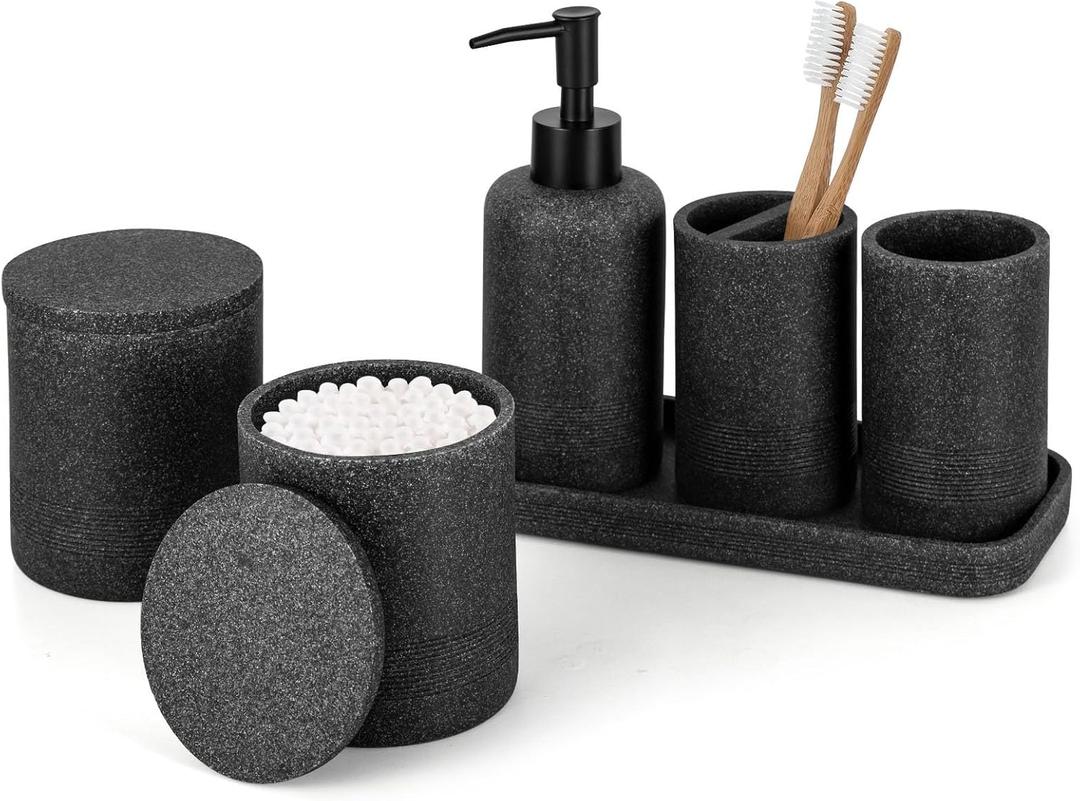 ZCCZ Black Stone Bathroom Accessories Set 6 Pieces - Toothbrush Holder, Lotion Dispenser, Qtip Container, Vanity Tray, Tumbler - Countertop Organizer for Bathrooms - Elegant and Functional Dcor Set