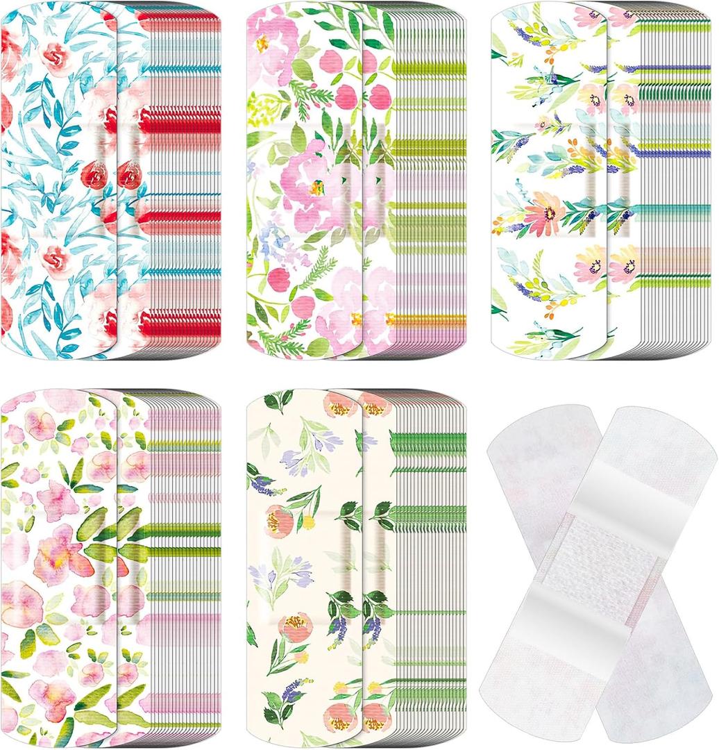 120 Pcs Fabric Adhesive Flexible Bandages Bulk Assorted Shapes and Patterns Small Colorful Pretty Fabric Bandages with Non Stick Pad 3 x 1 Inch for Cuts Wound Scrapes Women(Flower)