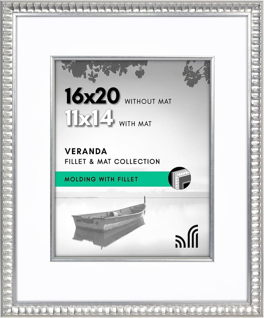 Americanflat 16x20 Picture Frame with Decorative Inner Mat Accent - Displays 11x14 Photos with Mat or 16x20 Without - Veranda Collection - Silver Vintage Frames with Polished Plexiglass