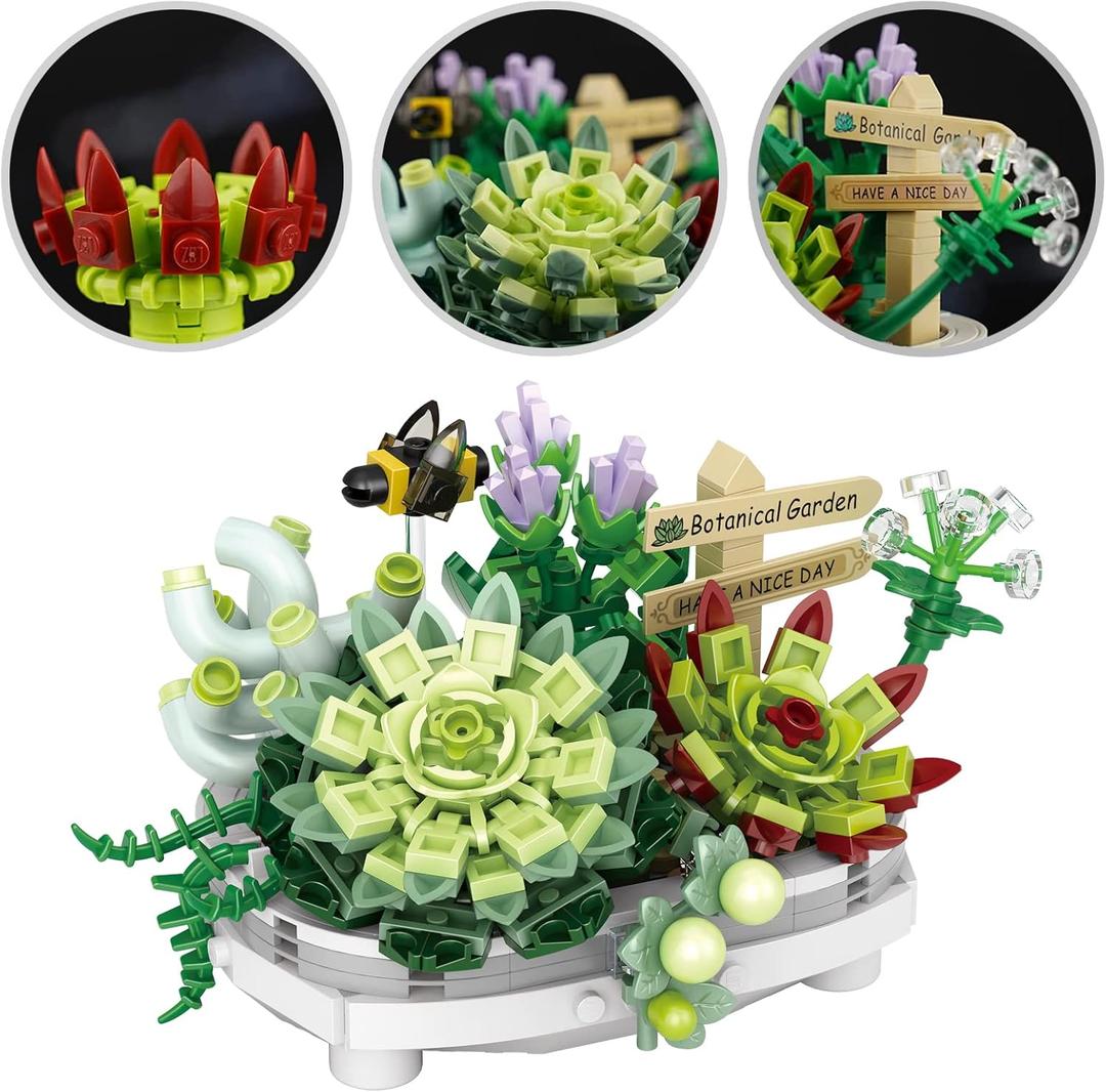 Succulent Building Toys for Adults, Bonsai Botanical Collection Toy Building Sets, Plants and Flowers DIY Home Decoration, Gift for Valentines Day Women Kids (Not Compatible with Lego)