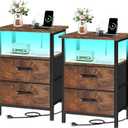 Vagusicc Nightstands Set of 2 Charging Station, End Tables with LED Lights, Bedside Table with 2 Fabric Drawers & Storage Shelves, 24.2" Tall Side Table Night Stand Set 2 for Bedroom, Rustic Brown, 2 Pieces