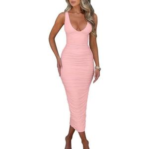 BEAGIMEG Women's Sexy Ruched Sleeveless Deep V Elegant Cocktail Evening Party Maxi Dress M