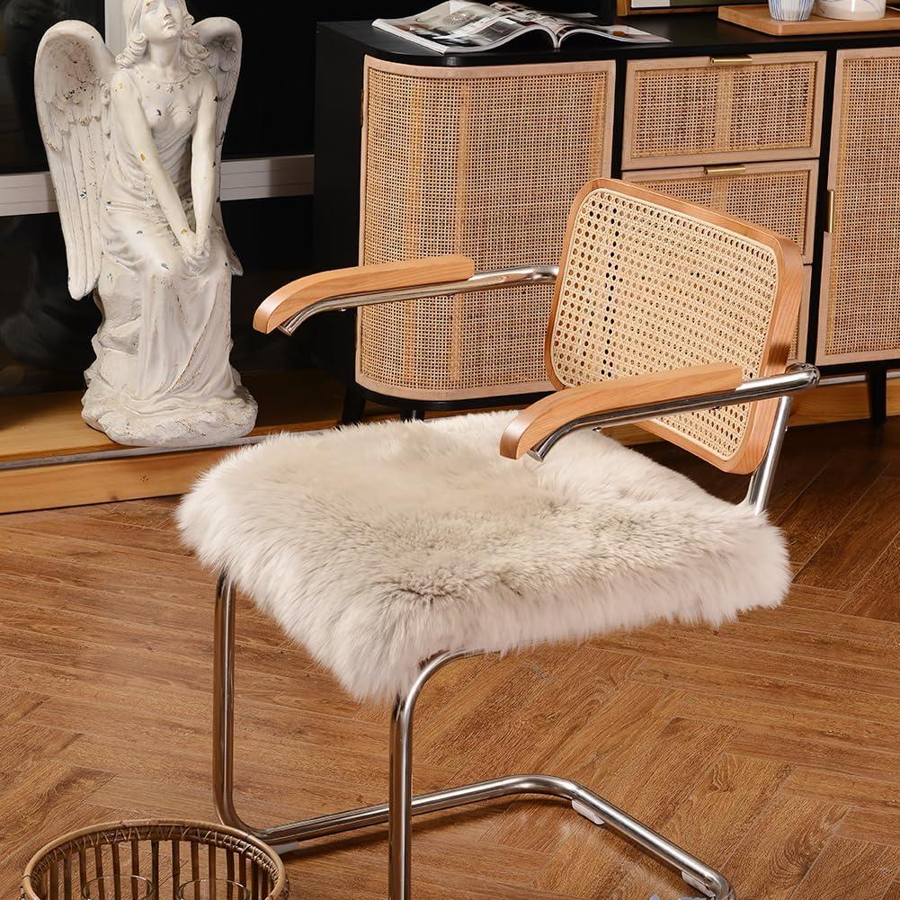 IRIWOOL Square Fur Sheepskin Chair Cover Seat Cushion Pad Super Soft Area Rugs for Living Bedroom Sofa 18" x 18" (Beige, 18" x 18" (Pack of 1))