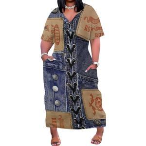 SUZONANA Plus Size Denim Print Maxi Dresses for Women Casual V Neck Short Sleeve with Pockets Soft Jean Look Dress XL (Blue)