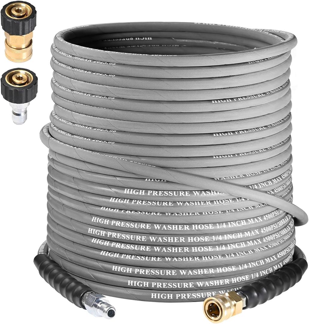 1/4" Pressure Washer Hose 100 FT 4500 PSI, Steel Braided Layer & NonMarking Rubber for Hot/Cold Water High Power Washer Replacement With 3/8 Inch Quick Connect & M22 Fitting, Industrial-grade (100FT)
