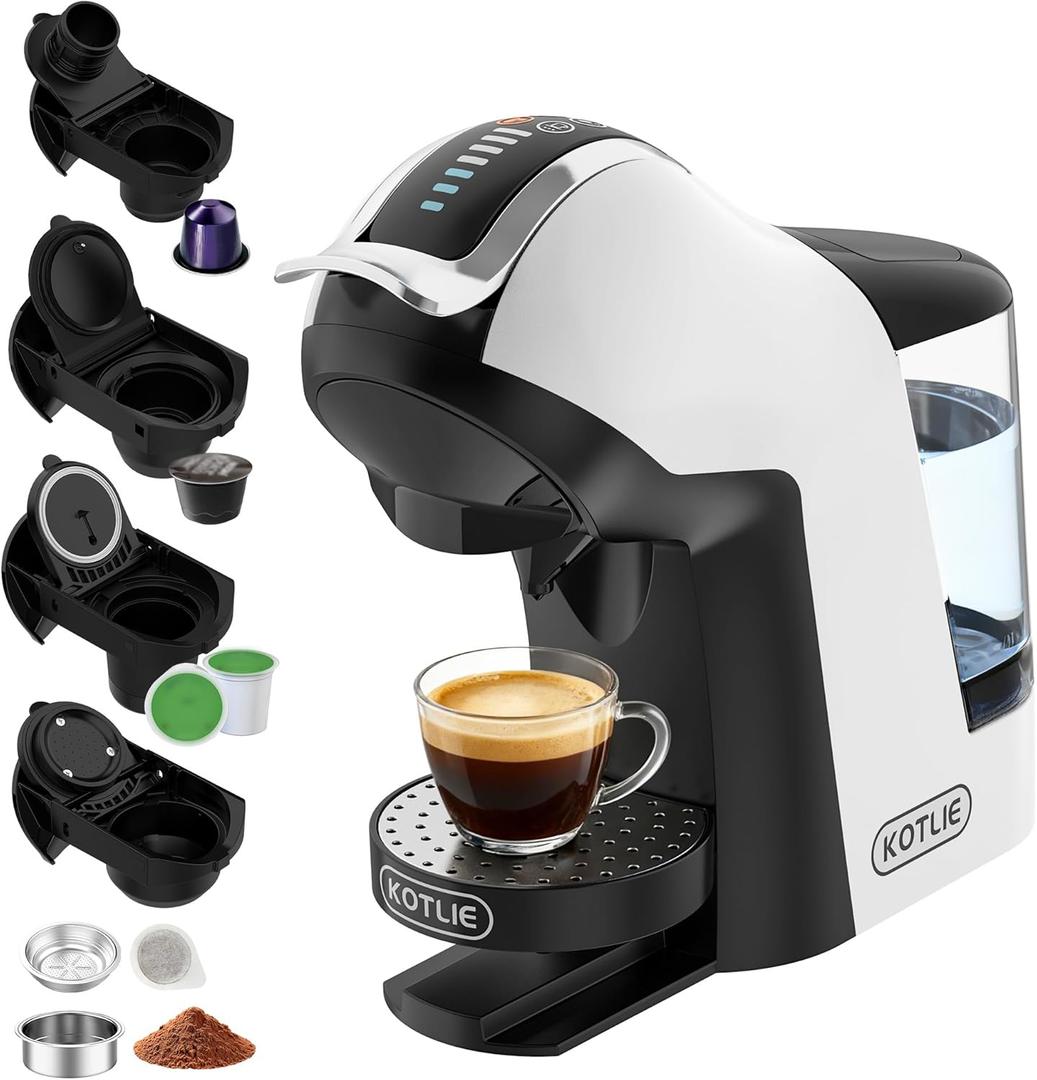 KOTLIE EM-308B Espresso Machine, Single Serve Coffee Maker Compatible with Multiple Capsule Types, Ground Coffee, and ESE Pods, 3 Temperatures, 7 Water Volume Levels, 34 OzWhite