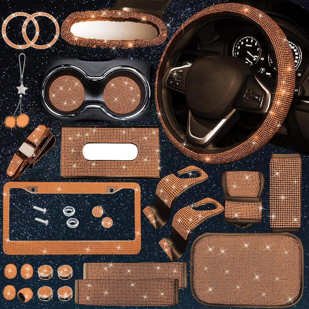 25PCS Bling Car Car Accessories Set,15 Inch Steering Wheel Cover,Shiny License Plate Frame,Center Console Cover and Rearview Mirror Set and Other Car Accessories(Orange)