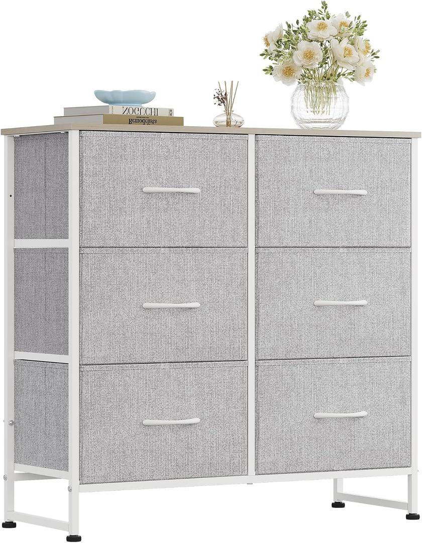 WLIVE Fabric Dresser for Bedroom, 6 Drawer Double Dresser, Closet Dresser with Fabric Bins, Chest of Drawers for Closet, Living Room, Hallway, Light Grey, 11.8"D x 31.5"W x 30.9"H