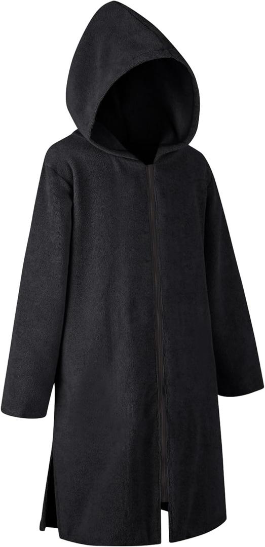 Weecreeture Hooded Towel Poncho with Zipper and Pocket, Surf Poncho for Men and Women, Beach Bath Changing Robe Cover Up Black XL