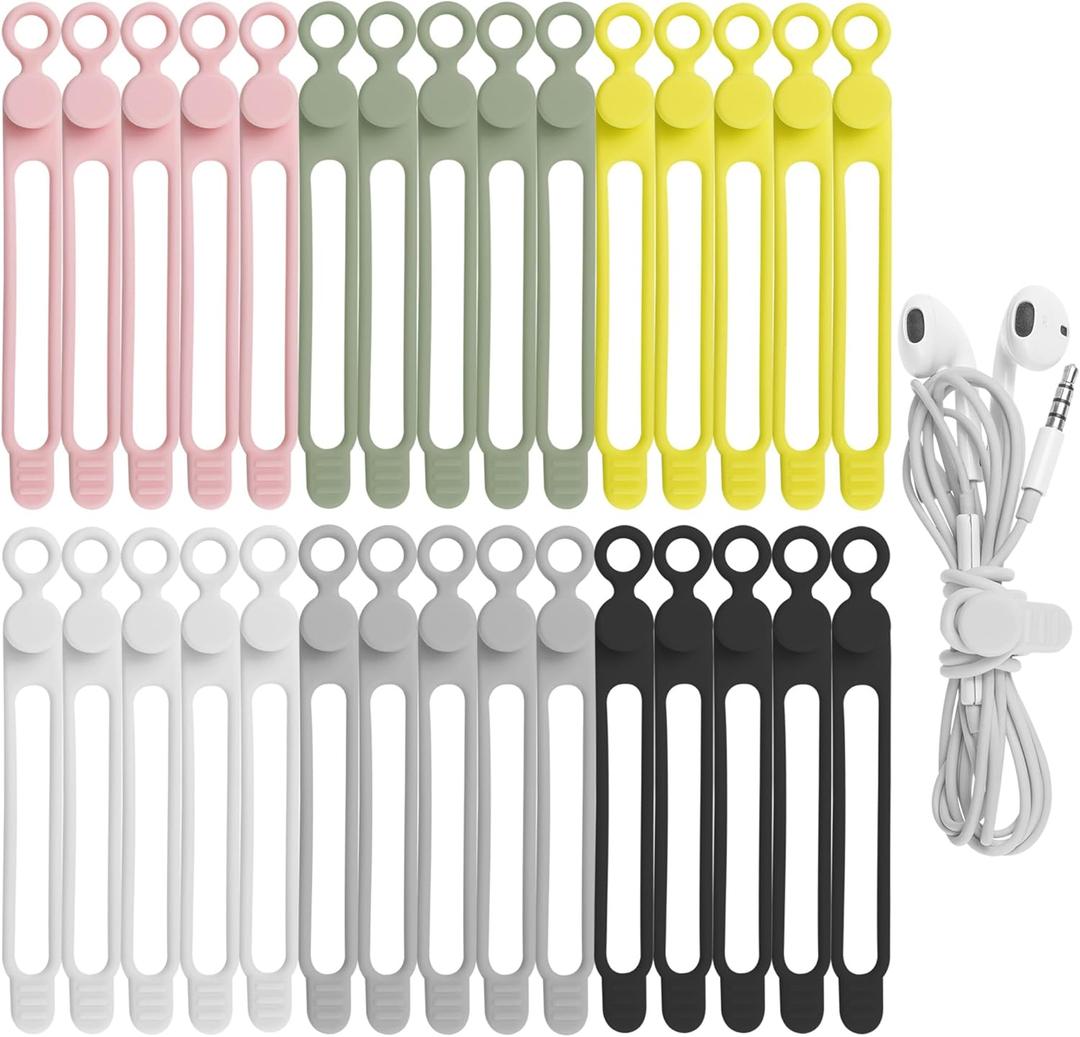 30Pcs Nearockle Silicone Cable Ties for Bundling Earphone, Phone Charger, Computer Cords, Reusable Cord Organizer Cable Management in Home,Office,Kitchen,School (6 Colors) (4.2 Inch)