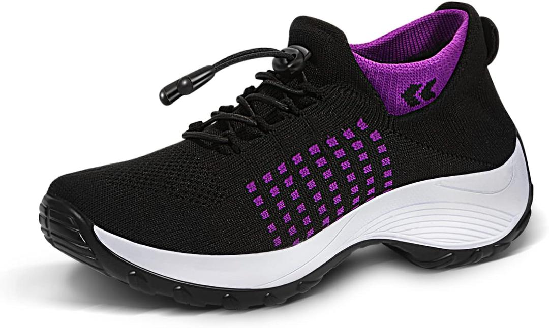 STUNAHOME Orthopedic Sneakers Breathable Women Walking Shoes Slip on Trainers Women's Comfortable Casual Ladies Athletic Shoe Thick Bottom (13, Black-purple)