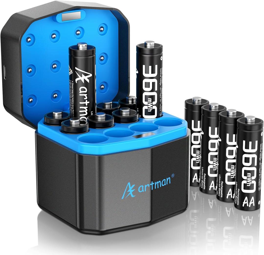 Artman Rechargeable Lithium AA Batteries 12 Pack with Storage Fast Charger, 3600mWh AA Lithium Batteries for Blink Outdoor Camera, 1.5V Constant Double A Battery Recharge up to 2000+ Cycles (Black)