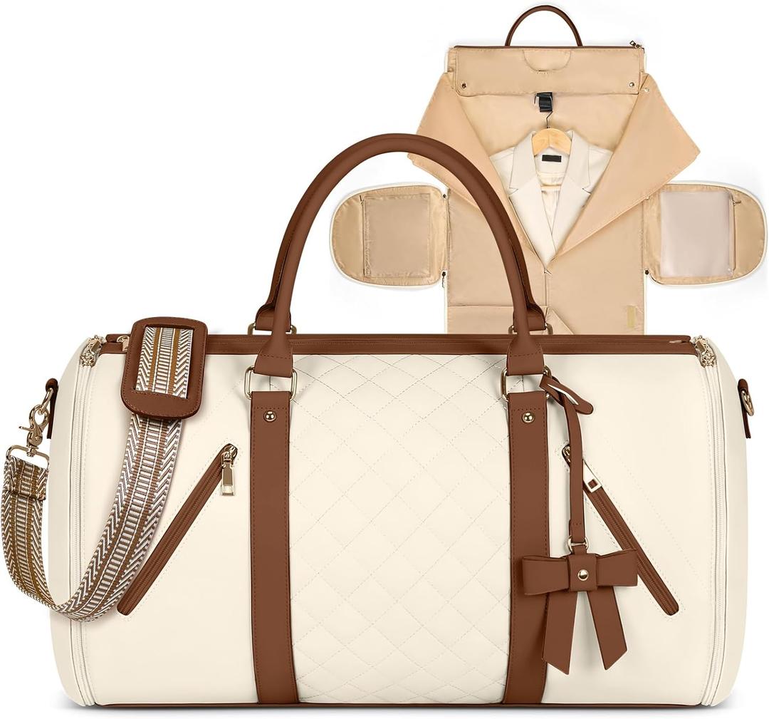 RAINSMORE Garment Bags for Travel Women Leather Convertible Garment Duffle Bag With Shoe Pouch,Large Carry On Garment Bag Dress Suit Business Travel Bags Beige