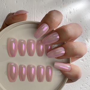 24Pcs Medium Coffin Press On Nails Holographic False Nails Tips Natural Full Cover Pink Fake Nails Acrylic Glue On Nails Set for Women and Girls, Reusable, All Occasions