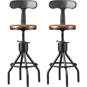LOKKHAN Set of 2 Rustic Industrial Bar Stool-24-30 Tall Adjustable Metal Swivel Wooden Top Barstools-Counter Height Bar Height-Vintage Farmhouse Kitchen Breakfast Cafe Stool-with Backrest (Brown Seat Top/Black Base)