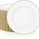 Hushee 100 Pcs Plastic Plates with Gold Trim 6'' Small Round Disposable Vintage Dessert Plates for Party Birthday Buffet Wedding Catering Celebration Reception (White)
