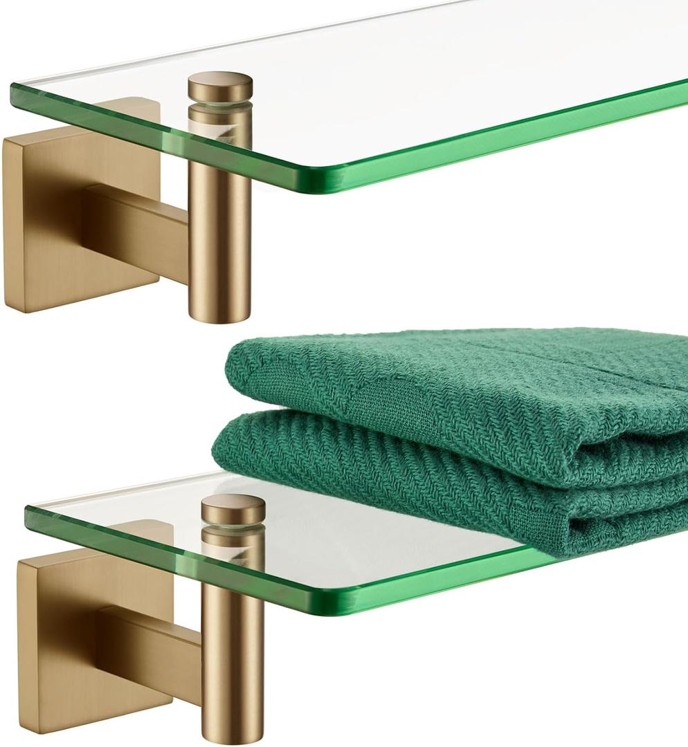 KOKOSIRI Wall Shelves Bathroom Hardware Tempered Glass Floating Shelf Hanging Rack Storage/Room Decor 20-Inch Champagne Bronze 2 Pack B1105CPG-L20-P2