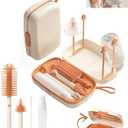 Travel Bottle Cleaner kit, 7in1 Baby Toddler Travel Essential Silicone Bottle Brush Set, Nipple, Drying Rack, Straw, & Breast Pump Cleaning, Soap Dispenser & Organizer Case, Gift for Mom (Orange)