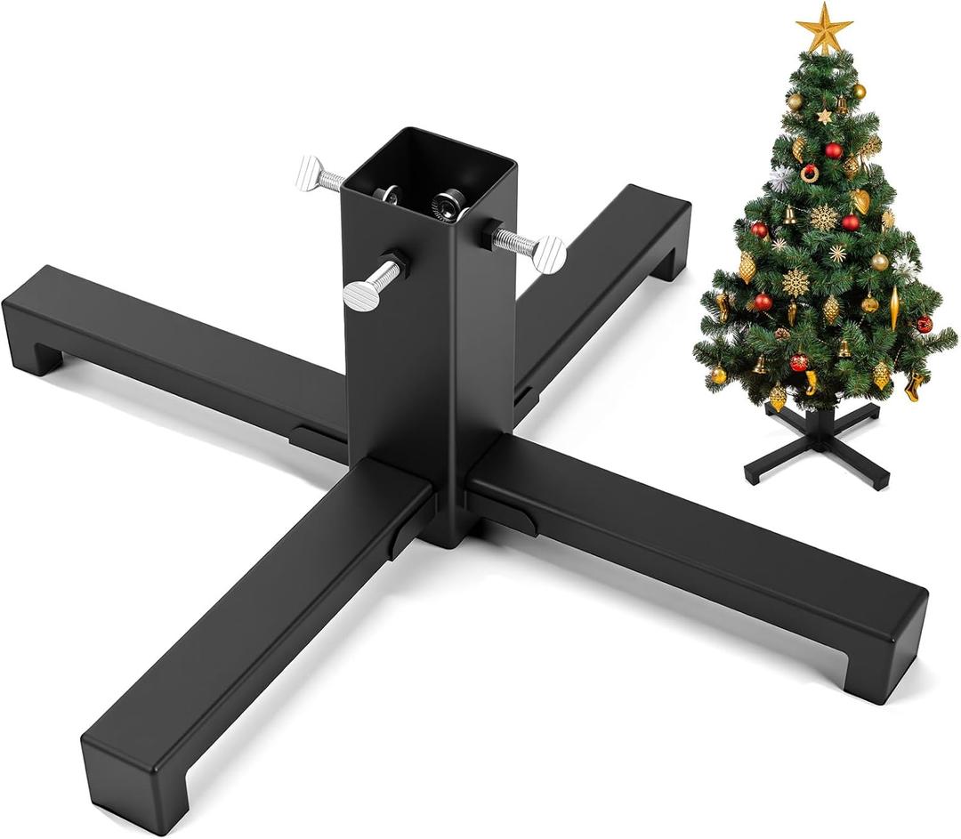 Hortsun Christmas Tree Stand Base for Artificial Real Live Trees Square Portable Iron Metal Holder, Fits up to 7 FT Xmas Fake Trees with 2 Inch Diameter Pole or Less Detachable Stand for Christmas
