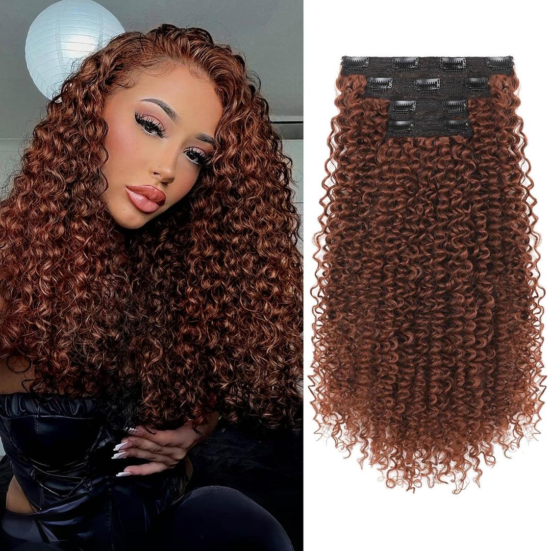 FLUFYMOOZ Clip in Hair Extensions, 20" 4PC 100 Pure Protein Silk Hair Extensions for Black White Women Long Soft Curly Hair Extension Hairpiece(Copper Red)
