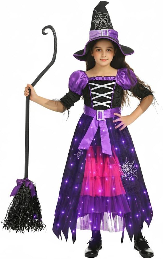 Girls Witch Costume LED Light Up Witch Halloween Costume Dress Up (3-4 Years)