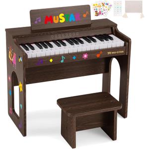 Kids Piano Keyboard, 37 Keys Wooden Digital Piano for Kids with Bench,Song Book, DIY Stickers, Cover, Education Creative Musical Instruments Toy for Boys & Grils Gifts, Compact