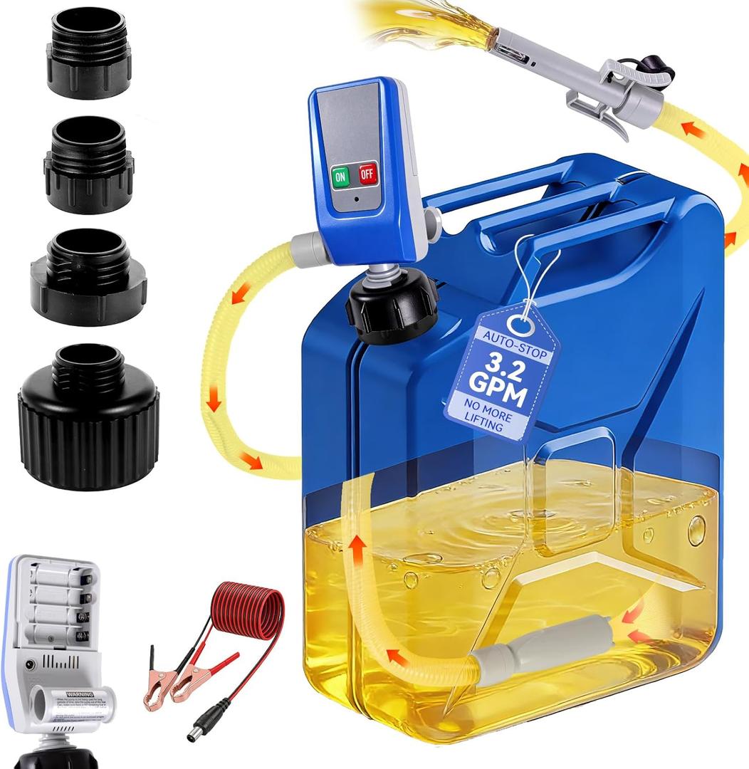 SINCEHOLY Fuel Transfer Pump with Auto-Stop, 3.2 Gallon per Min, 4 Size Adapters Gas Can Pump with Leak Protection for Gasoline, Diesel, Kerosene, Gifts for Men Dad Him