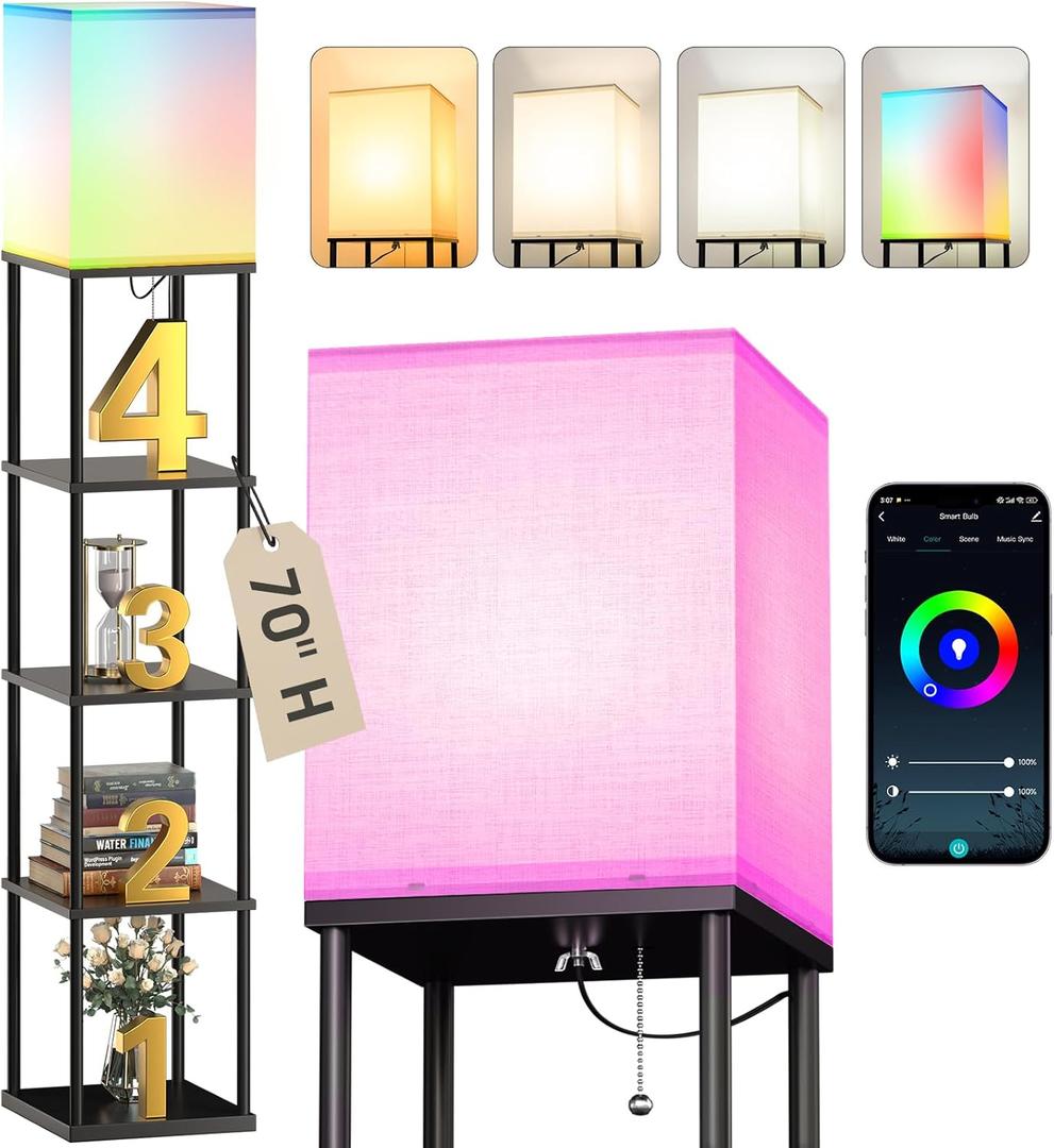 addlon 5-Tier Floor Lamp with Shelves, Modern Shelf Lamp with RGB Smart Bulb, APP Control Standing Lamp with White Lamp Shade, Floor lamp for Living Room, Bedroom (70'' H, Black)