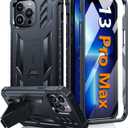 FNTCASE for iPhone 13 Pro Max Case: [Built-in Screen Protector & Kickstand] [Military Grade Drop Protection] Heavy Duty Full Protective Matte Textured Shockproof TPU Rugged Phone Cover - Black
