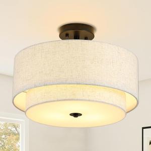 16" Semi Flush Mount Ceiling Light Fixture, 3-Light Gold Flush Mount Ceiling Light with Double Drum Linen Shades for Entryway Dining Room Bedroom Kitchen Hallway Living Room, E26 Socket (Black)