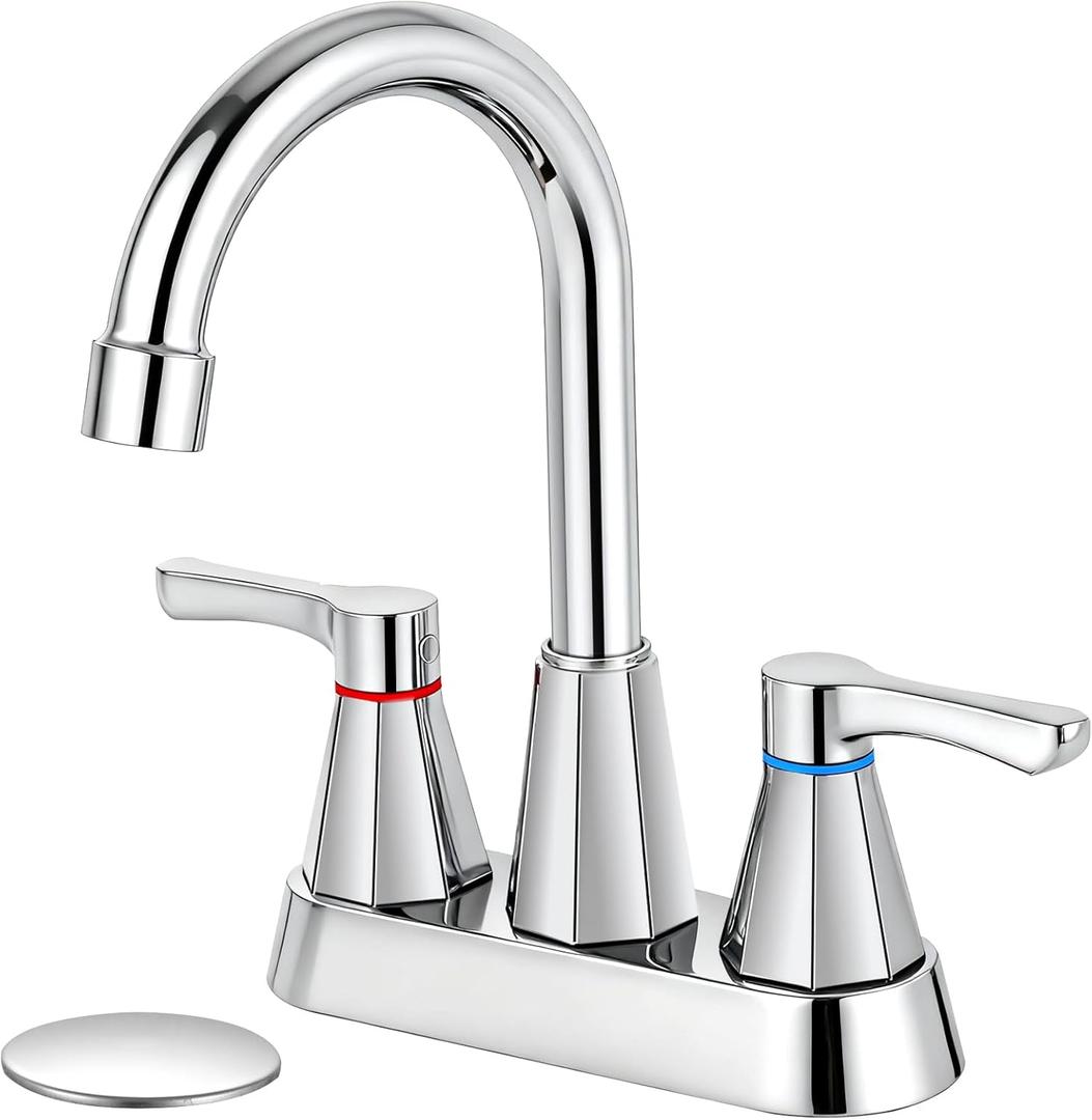 Polished Chrome Bathroom Faucet 3 Hole, 4 Inch 2-Handle Centerset Bathroom Sink Faucet, Faucet for Bathroom Sink 360 Swivel Bathroom Faucets RV Lavatory Vanity Faucet with Pop-up Drain