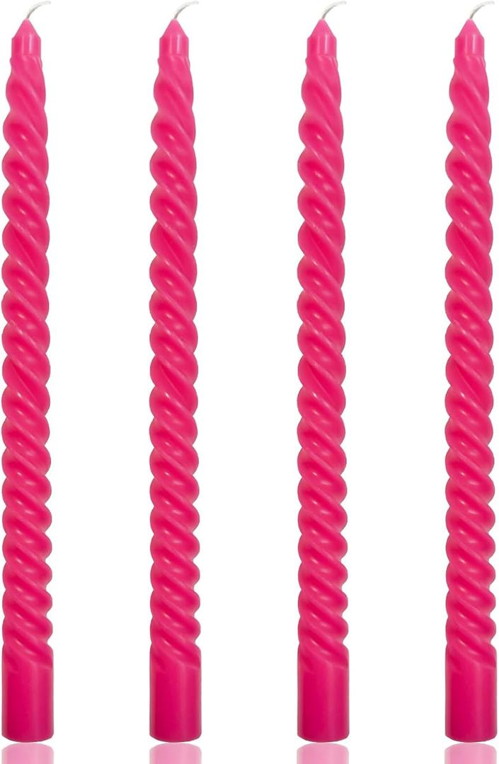 Hot Pink Spiral Taper Candles for Home Decoration, 4 Pack 10 Inch Candlesticks for Dinner Party Holiday Birthday Celebration, Dripless and Smokeless