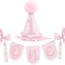 Pink Gingham First Birthday Party Decoration Set, ONE Banner 80 inches, Pink Gingham Party Hat, 5.5 inches, Pom Pom Topper with Number 1, Girls Birthday Decoration