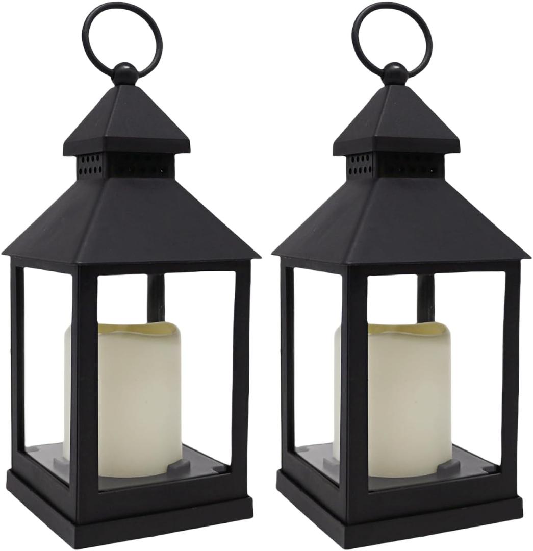 2 Pack 10.2” Candle Lanterns Decorative Indoor Hanging Lanterns with Warm Flickering LED Candle 6 Hours Timer,Black Battery Powered Candle Lantern Table Centerpiece Mantle Shelf Home Decor