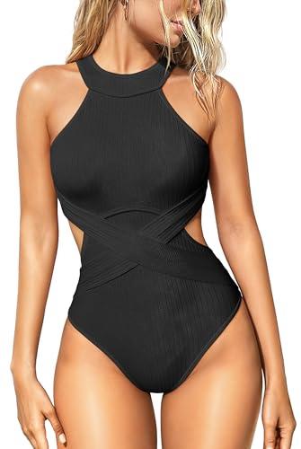 OQQ Women's One Piece Swimsuits Tummy Control High Waisted Cross Bathing Suit Wrap Tie Back 1 Piece Swimwear Black.L